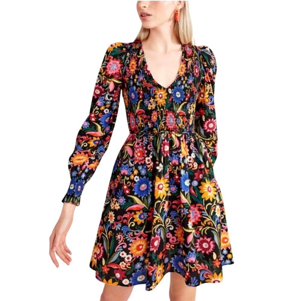 Boden Smocked Bodice Mini Dress Long Sleeve Gardenia Pop Balloon Sleeve - 2‎